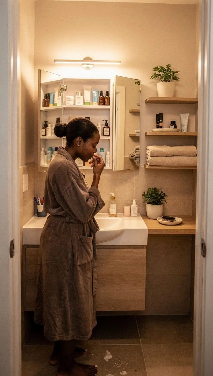 Kreatywne wykorzystanie miejsca na półki w sypialni o minimalistycznym stylu.