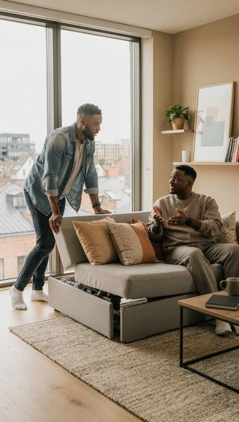 Stylowe wnętrze małego mieszkania z inteligentnymi rozwiązaniami przechowywania.